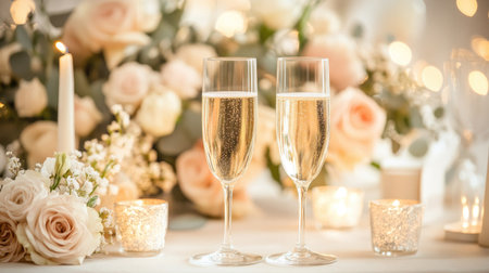 Elegant table setting with two glasses of champagne, flickering candles, and a floral arrangement in soft lightの素材