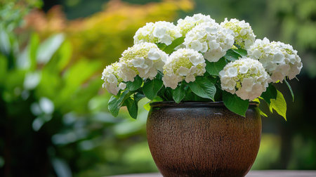 Decorative white hydrangea flowers in a pot, contrasted against vibrant outdoor greeneryの素材