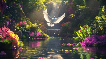 Dove ascending over a reflective pond surrounded by vibrant flowers and greenery in a serene landscapeの素材