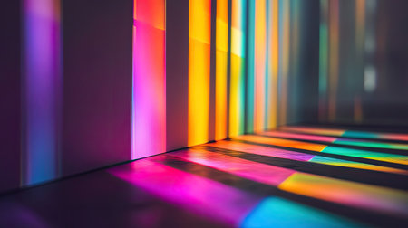 Dreamy prismatic glow with vivid rainbow bokeh dancing on a shadowy canvas, perfect for abstract technology visualsの素材