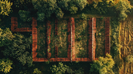 Drone view of peaceful countryside farms, with brick fences creating geometric patterns amidst the greeneryの素材