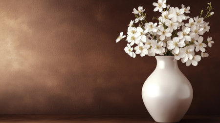 Elegant white vase holding delicate white flowers, set against a clean, minimalist brown backdropの素材