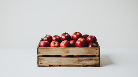 Crate of shiny red apples placed against a pure white backdrop, emphasizing their freshnessの素材
