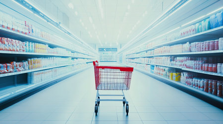 Empty shopping cart in a brightly lit grocery aisle with ample copy spaceの素材