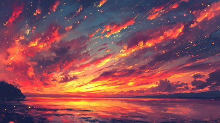 Fiery sunset sky with bold streaks of red, orange, and yellowの素材