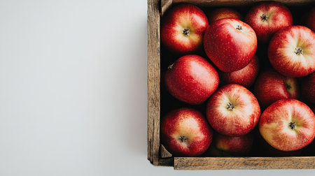 Freshly picked red apples in a crate, isolated on a clean, simple white backdropの素材