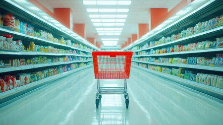 Empty shopping cart in a brightly lit grocery aisle with ample copy spaceの素材