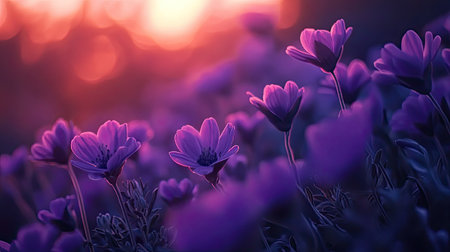 Field of purple flowers glowing in the fading light of sunset, captured in rich detail and vivid colorの素材