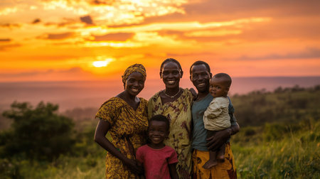Family group sharing a joyful moment on a hilltop, with the glowing orange sunset sky creating a magical backdropの素材