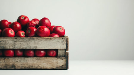 Fresh red apples spilling out of a rustic wooden crate onto a white backgroundの素材