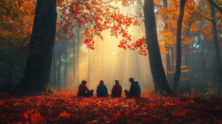 Family group enjoying a cozy autumn afternoon on a forest floor blanketed with red and orange leavesの素材