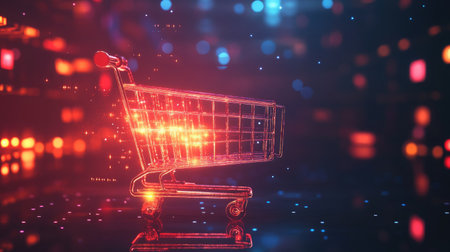 Online shopping cart concept with glowing icons and blank space for brandingの素材