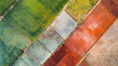 Green fields and red-brick fences forming a patchwork landscape in the countryside, captured from aboveの素材