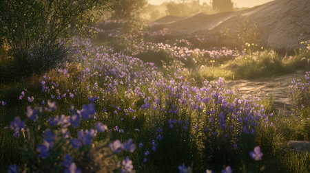 Golden hour glow highlighting delicate purple flowers in a serene field setting, perfect for nature-inspired visualsの素材