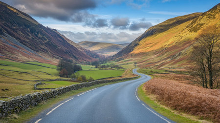 Endless asphalt road meandering through a picturesque valley with hills on either sideの素材