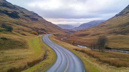 Endless asphalt road meandering through a picturesque valley with hills on either sideの素材