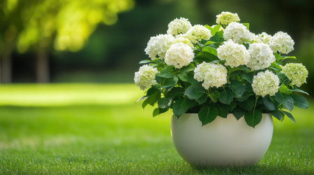 Lush hydrangeas in a white planter, enhanced by the surrounding natural green backgroundの素材