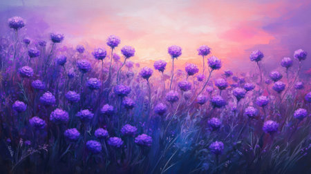 Field of purple flowers glowing in the fading light of sunset, captured in rich detail and vivid colorの素材