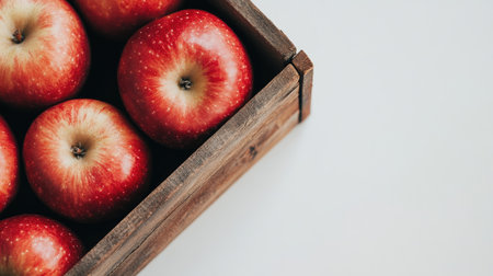 Harvested red apples displayed in a wooden crate on a pure white settingの素材