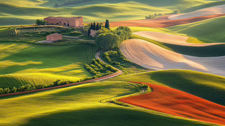 Green fields and red-brick fences forming a patchwork landscape in the countryside, captured from aboveの素材