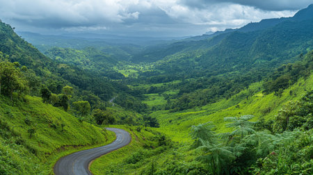 Panoramic view of an asphalt road disappearing into the horizon, winding through a verdant valleyの素材