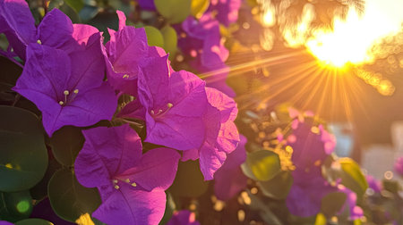 Lush purple flowers captured during the golden hour, with the warm sun setting on the horizonの素材