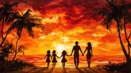 Loving family silhouetted against a vibrant sunset as they walk hand-in-hand along the beach, creating a heartwarming momentの素材