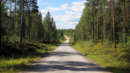 Open road through a forest with no interruptions, offering ample copy spaceの素材