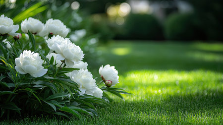 Lush green grass encircles blooming white peonies, set in a serene natural settingの素材
