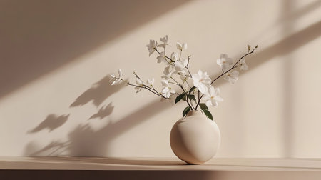 Minimalist setup with white flowers in a vase and a smooth brown surface, evoking tranquilityの素材