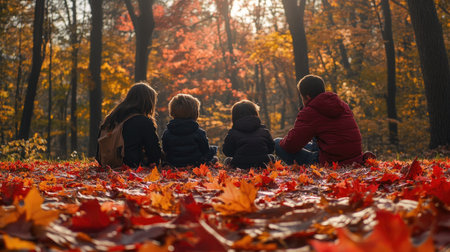 Family group enjoying a cozy autumn afternoon on a forest floor blanketed with red and orange leavesの素材
