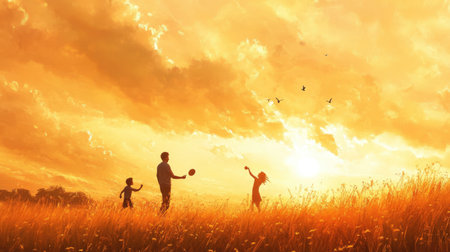 Joyful family playing catch on a field during sunset, surrounded by the tranquil beauty of a golden skyの素材