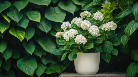 Minimalist white pot of hydrangeas placed against a backdrop of natural green foliageの素材