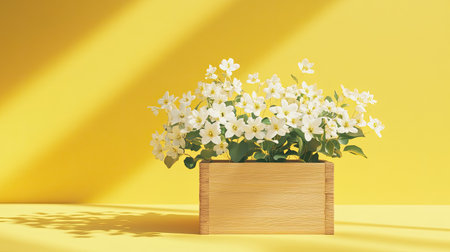 Minimalist 3D composition featuring a wooden basket of fresh white flowers on a sunny yellow spring backgroundの素材