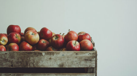 Fresh red apples spilling out of a rustic wooden crate onto a white backgroundの素材