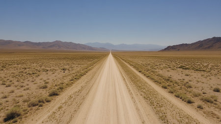 Long, straight road through barren land with no distractions, ready for text overlayの素材