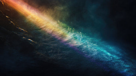 Iridescent light leaks combined with soft rainbow bokeh highlights on a dark background, creating a surreal effectの素材