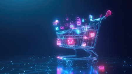 Online shopping cart concept with glowing icons and blank space for brandingの素材