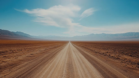 Long, straight road through barren land with no distractions, ready for text overlayの素材