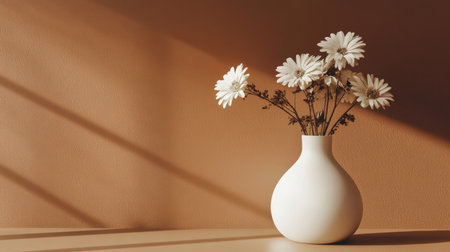 Minimalist arrangement of white flowers in a sleek white vase on a warm brown surface, creating Zen harmonyの素材