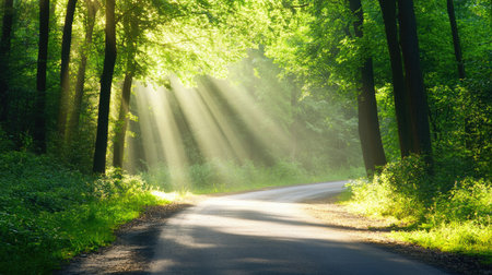 Open road through a forest with no interruptions, offering ample copy spaceの素材