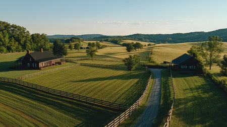 Overhead view of serene country farms, divided by brick fences, surrounded by rolling hills under clear skiesの素材