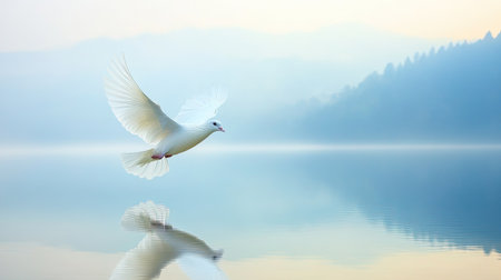 Majestic white dove soaring gracefully above a tranquil lake, reflecting the serenity of the moment in still waterの素材