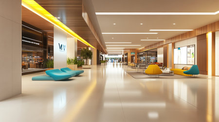 Modern shopping mall interior, no people, and a spacious area for copy textの素材