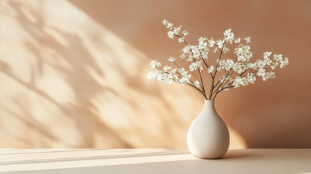 Minimalist setup with white flowers in a vase and a smooth brown surface, evoking tranquilityの素材