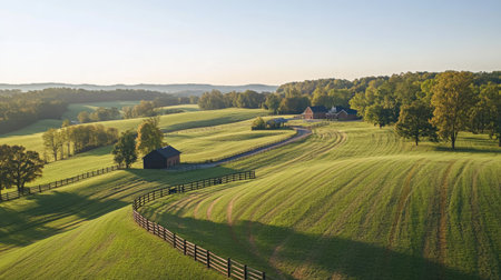 Overhead view of serene country farms, divided by brick fences, surrounded by rolling hills under clear skiesの素材