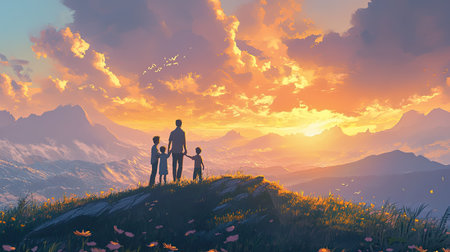 Heartwarming sunset scene with a family embracing on a peaceful hilltop, framed by radiant golden lightの素材