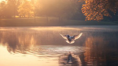 Morning light highlighting a dove's flight over a peaceful lake, with soft ripples adding depth to the sceneの素材