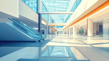 Modern shopping mall interior, no people, and a spacious area for copy textの素材