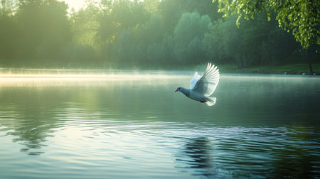 Morning light highlighting a dove's flight over a peaceful lake, with soft ripples adding depth to the sceneの素材